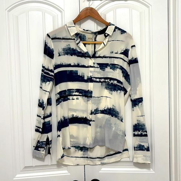 Revolve Ecru 100% Silk City Scape Watercolor Blouse - Picture 1 of 4